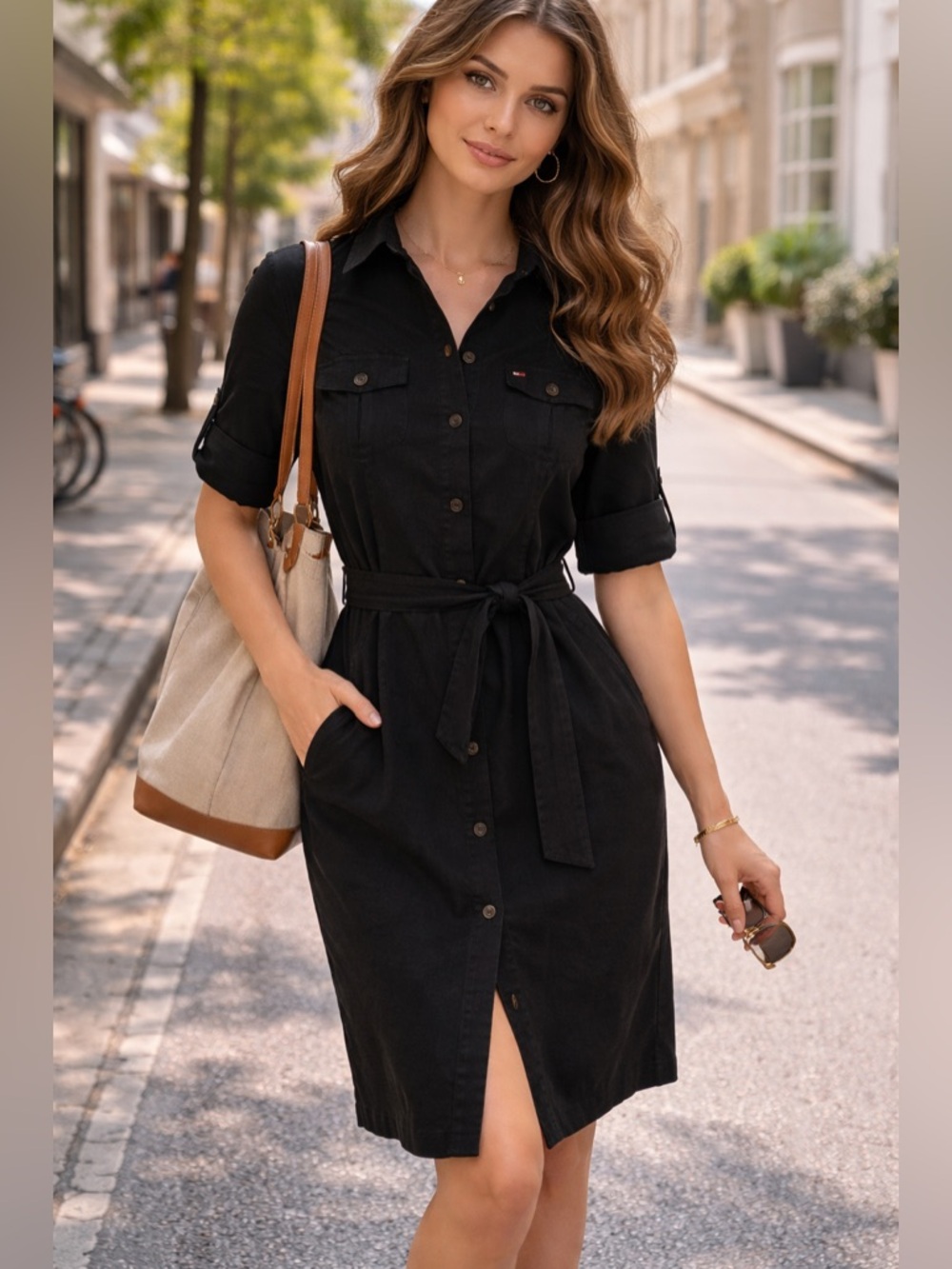 Tommy Hilfiger Black Shirt Dress with Mint Collar Size 14 Belted Button Front
